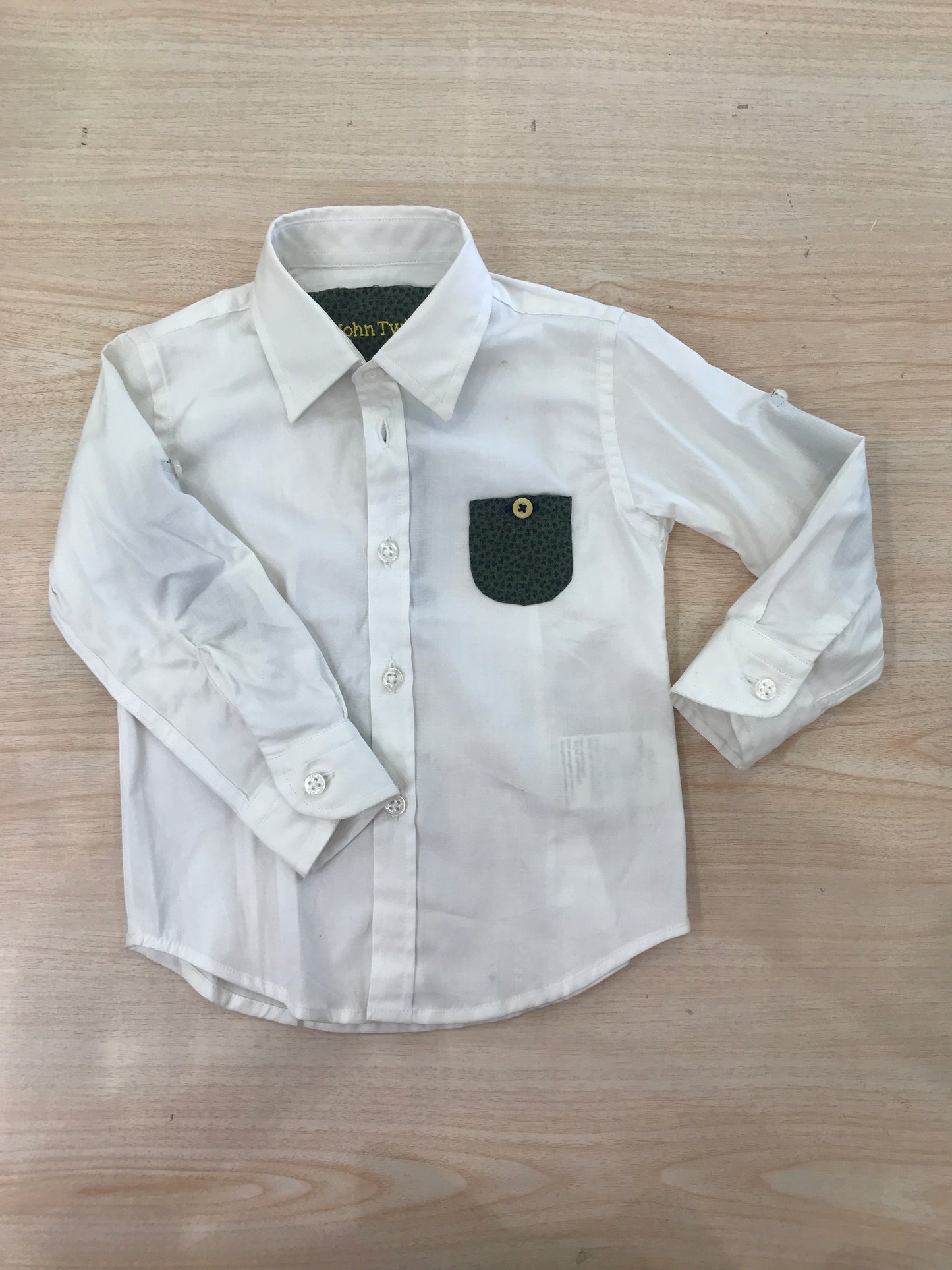 Camicia John Twig in cotone bianca manica lunga con tasca in alto laterale a fantasia verde e blu