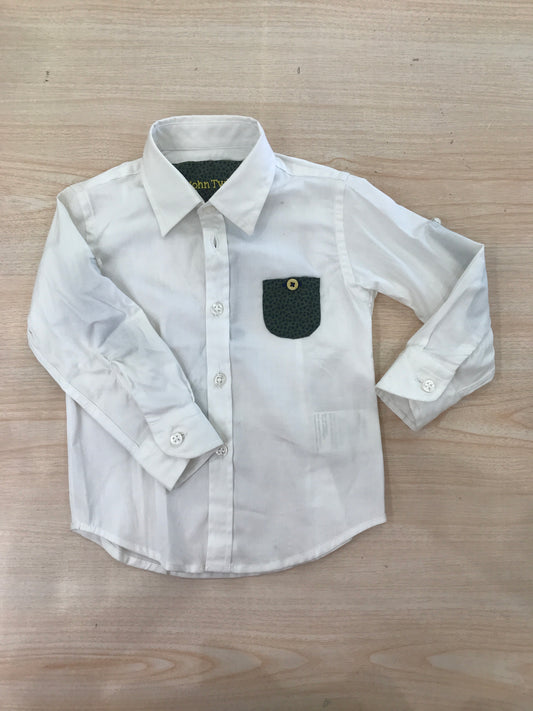 Camicia John Twig in cotone bianca manica lunga con tasca in alto laterale a fantasia verde e blu