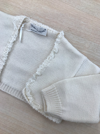 Cardigan Piccola Giuggiola in lana panna con valancienne al bordo