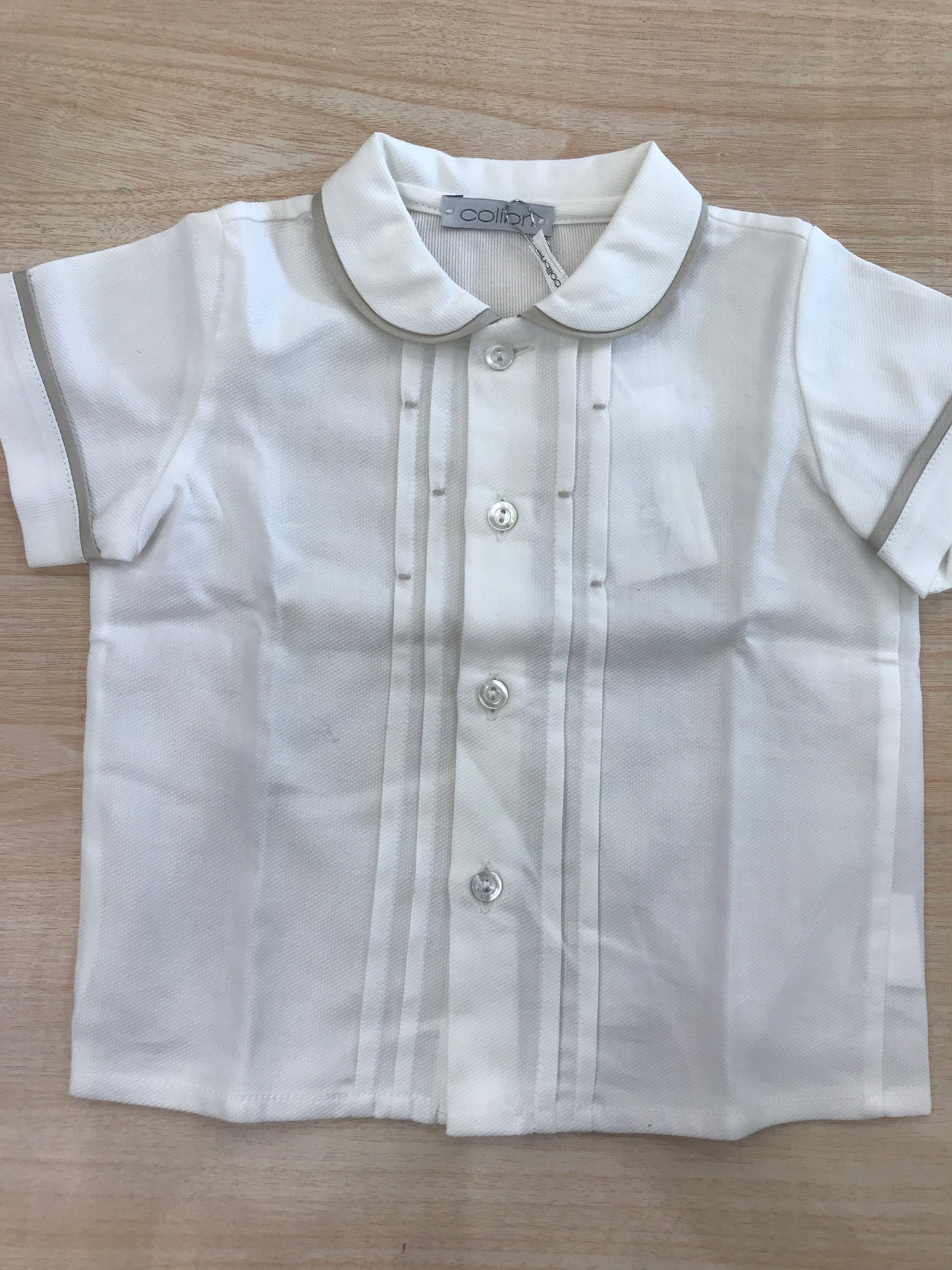 Camicia Colibrì mezza manica con rifiniture tortora con pois in rilievo su pieghe sul davanti