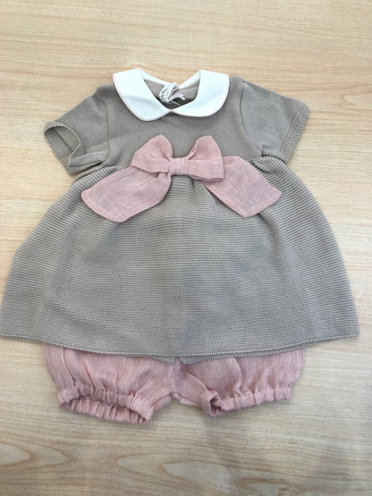 Completo Baby Lord in filo tortora mezza manica con collo tondo con fiocco in lino con culotte in lino rosa antico