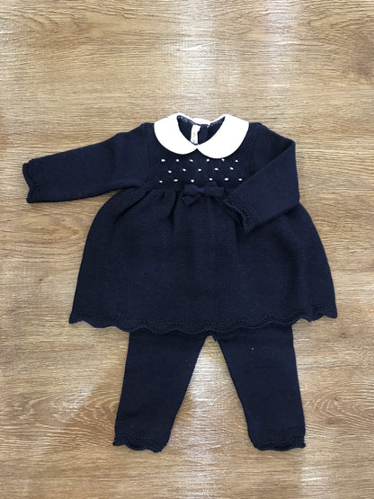 Tutina Baby Lord in lana due pezzi blu scuro con lavorazione di punto smock sul corpetto