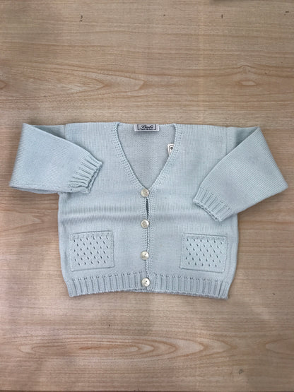 Cardigan Biebi in filo celeste con tasche bucherellate