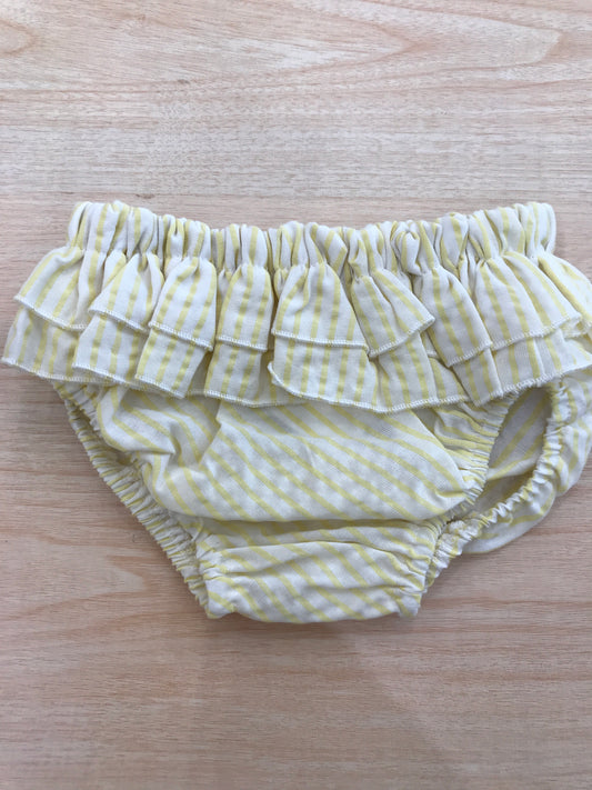 Costume Coccodè in cotone giallo con doppia ruche a righe bianche e gialle