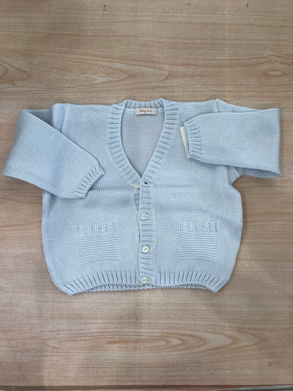 Cardigan Baby Lord in filo celeste con scollo tasche e piccoli bottoncini