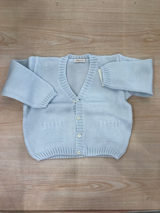 Cardigan Baby Lord in filo celeste con scollo tasche e piccoli bottoncini