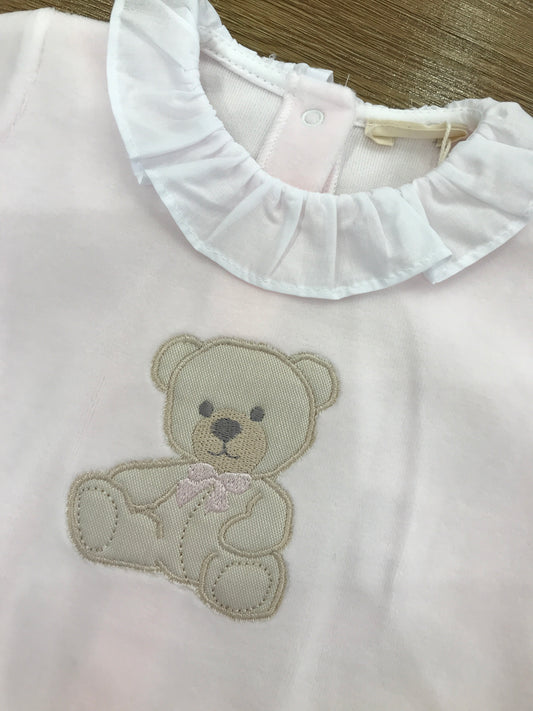Tutina Baby Gi in ciniglia intera rosa con orsetto centrale con fiocco e colletto con rusche