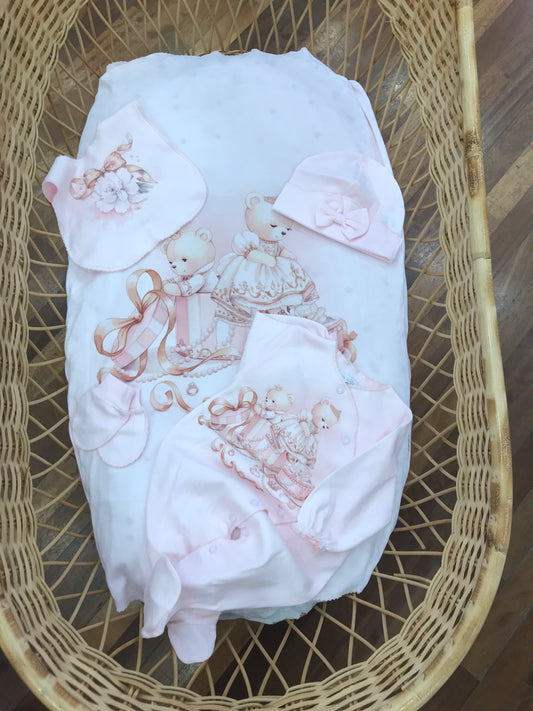 Coordinato Sofija in caldo cotone rosa con piccoli orsetti e fiocchetti
