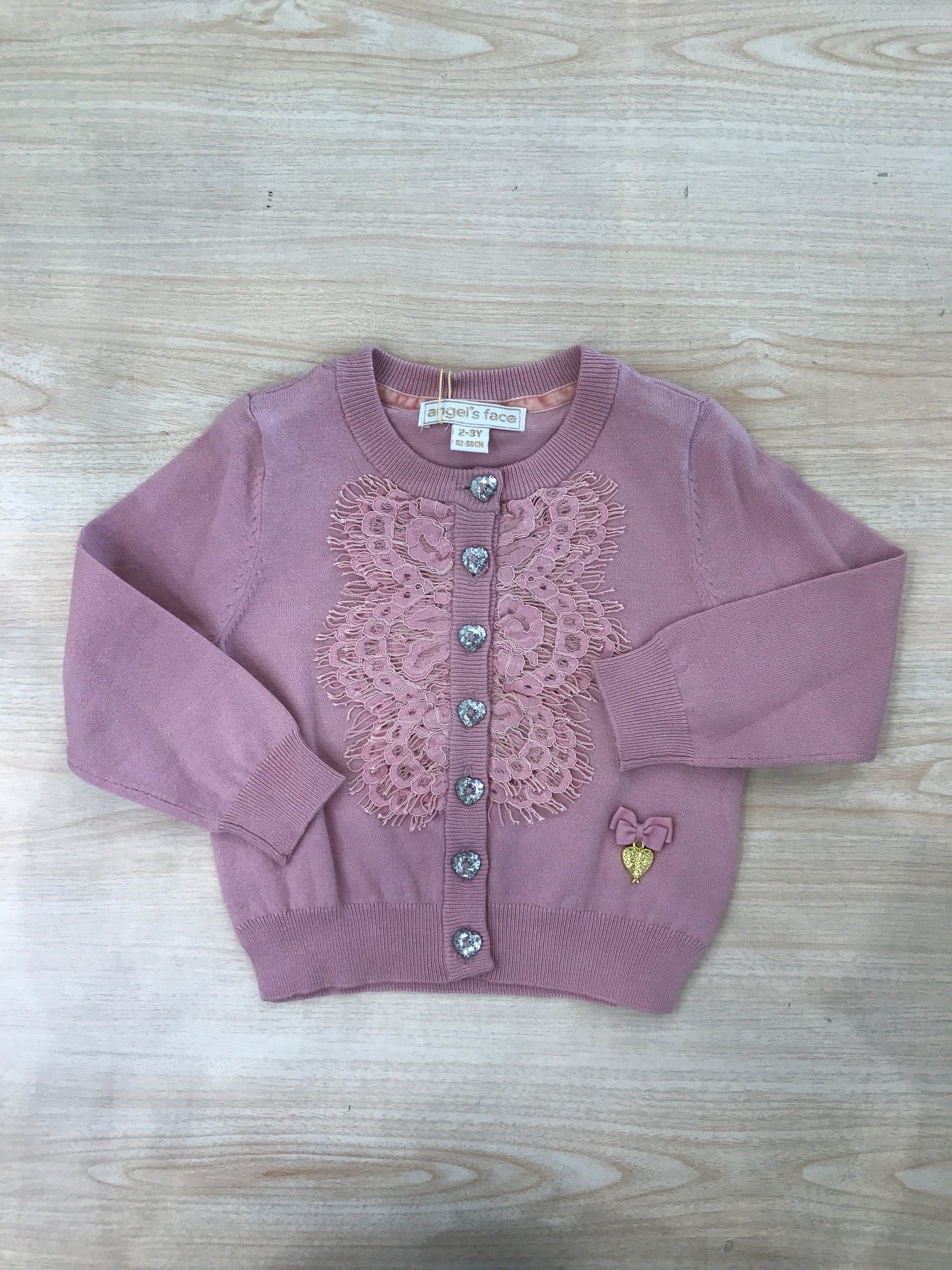 Cardigan Angel's face in filo rosa manica lunga con pizzo applicato vicino ai bottoncini