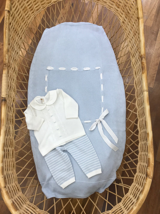 Coordinato nascita Baby Lord in filo celeste coperta con passanastro e fiocco tutina due pezzi a righe