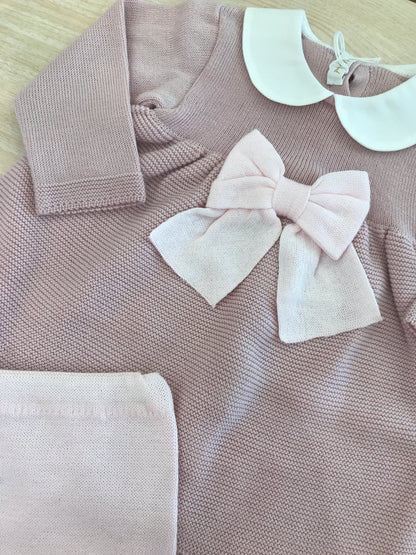 Tutina Baby Lord in filo manica lunga gamba lunga rosa antico con fiocco rosa