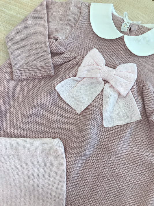 Tutina Baby Lord in filo manica lunga gamba lunga rosa antico con fiocco rosa