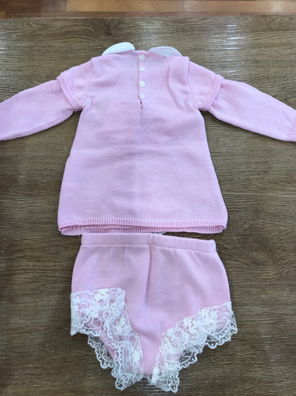 Completo Bebè di almy in lana due pezzi rosa con pizzo e fiocco sul davanti con culotte abbinata