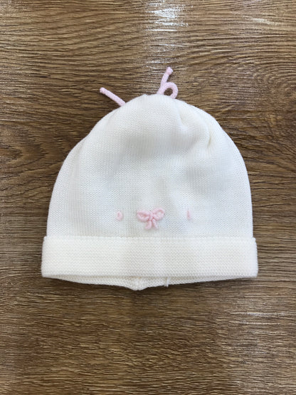 Cappello Baby Lord in lana panna con fiocchetto rosa