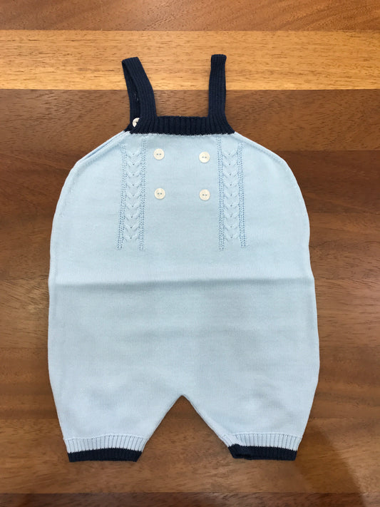 Salopette Coccodè in filo celeste con dettagli blu con bretelle lavorazione di trecce sul davanti con piccoli bottoncini