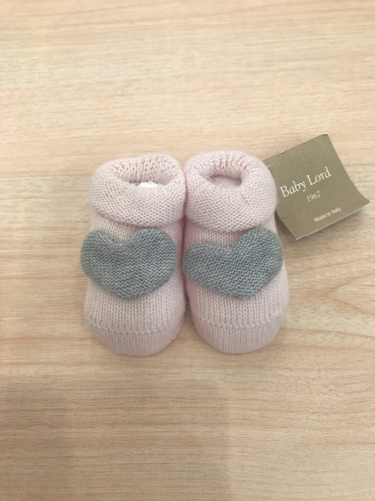 Babbucce Baby Lord in filo rosa con cuori grigi