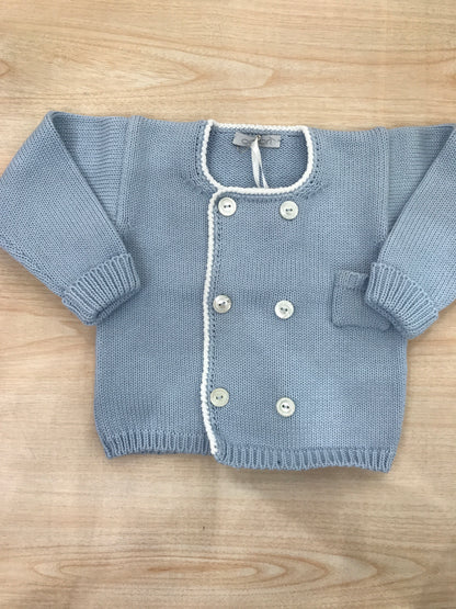 Cardigan Colibrì doppio petto celeste con profilo bianco con taschino laterale con bottoncini
