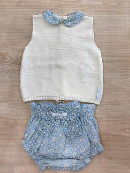 Completo Nanan due pezzi in filo di cotone con collo con san gallo con culotte con fiocco