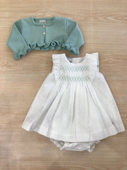 Completo Paz Rodriguez abitino bianco smanicato con corpetto lavorato da punto smock e culotte abbinata