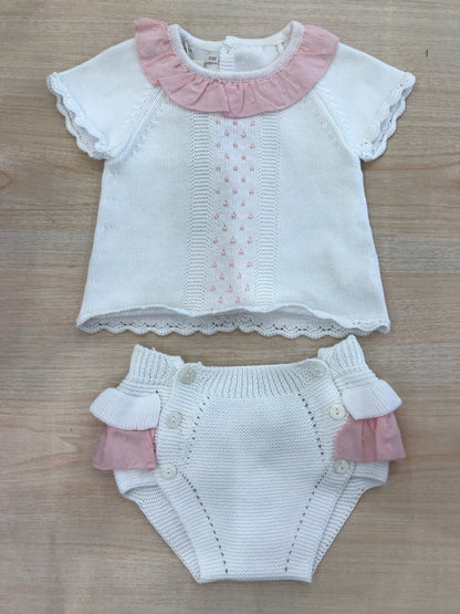 Completo PCS due pezzi bianco con rusche rosa e bianche