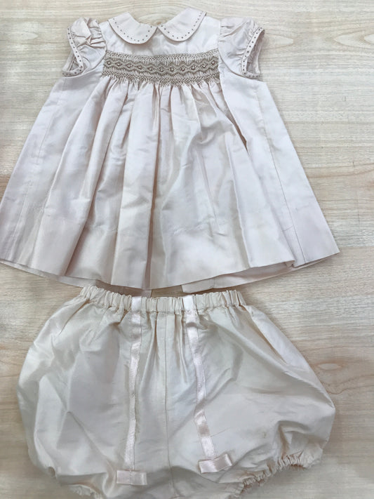 Completo BonPoint in seta rosa antico abitino con lavorazione di punto smock con pantalone a sbuffo