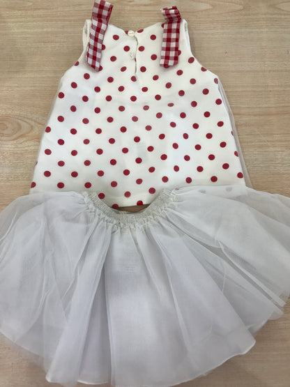 Completo Nanan gonna in tulle con fiori con t-shirt smanicata con pois rossi e fiocchi sulle spalline