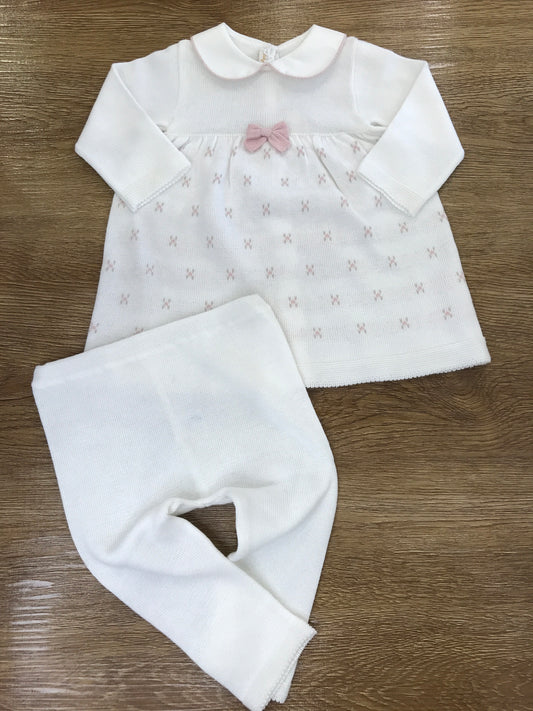 Completo Baby Lord in filo due pezzi bianco con fiorellini ricamati e fiocchetto sul davanti