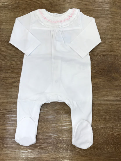 Tutina Laranjinha in cotone intera bianca con collo con rusche ricamata