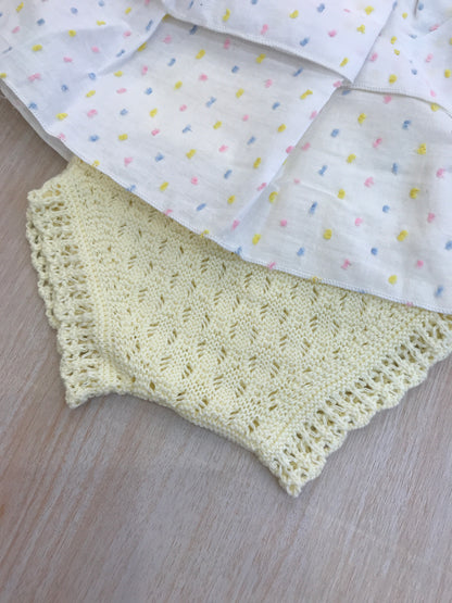 Completo Paz Rodriguez in filo giallo con pois colorati e culotte abbinata