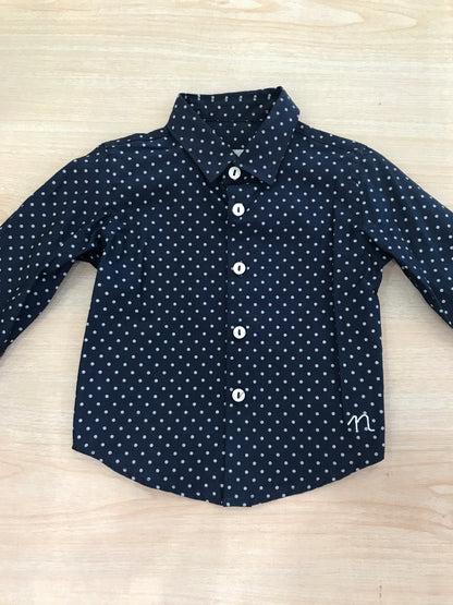 Camicia Nanan manica lunga blu scuro con pois bianchi e bottoncini sul davanti