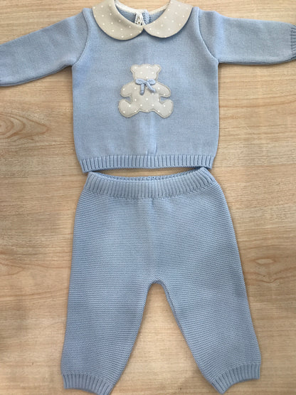 Tutina Baby Lord in lana due pezzi celeste con colletto a pois ed orsetto centrale con pois bianchi