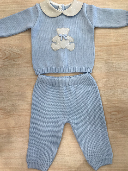 Tutina Baby Lord in lana due pezzi celeste con colletto a pois ed orsetto centrale con pois bianchi