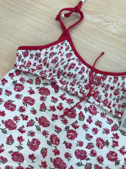 Copricostume Al agua Patos con bretelle bianco con fiori e bretelle fucsia