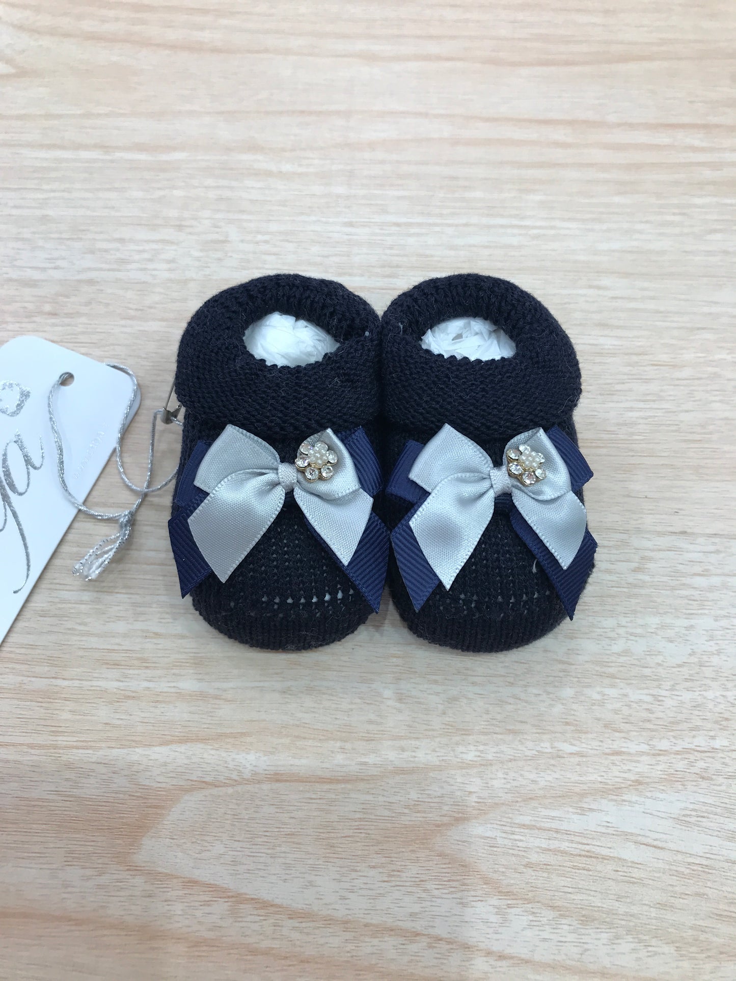 Babbucce Catya in filo blu scuro con doppio fiocchetto sul davanti e margherita