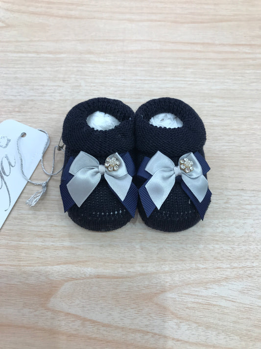 Babbucce Catya in filo blu scuro con doppio fiocchetto sul davanti e margherita