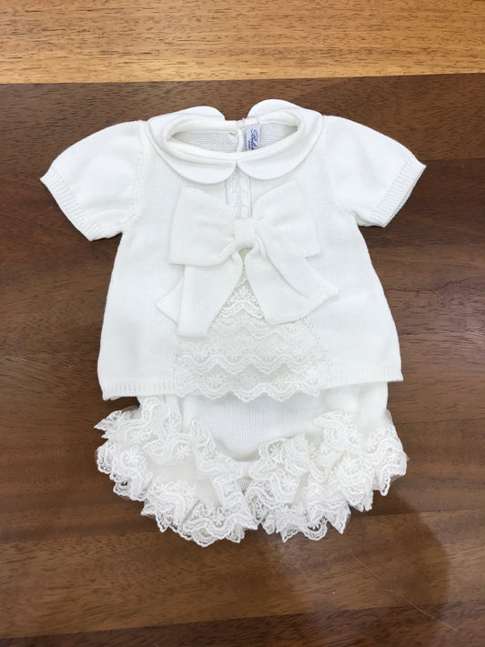 Completo Bebè di Almy in filo mezza manica con fiocco e pizzo sul davanti con culotte abbinata e pizzo