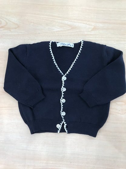 Cardigan Bebè di Almy in filo di cotone blu scuro rifinito in bianco