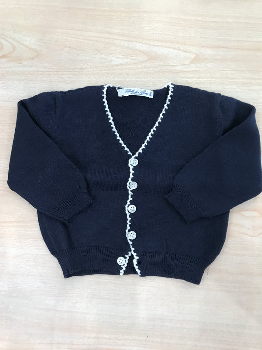Cardigan Bebè di Almy in filo di cotone blu scuro rifinito in bianco