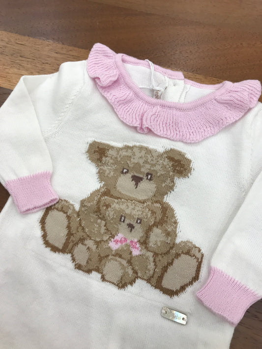 Tutina Le Bebè in filo di cotone bianca con dettagli rosa con rusche ed orsetti ricamati sul davanti