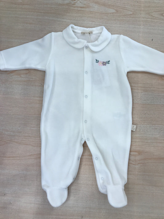 Tutina Baby Gi in ciniglia panna intera con fiori ricamati