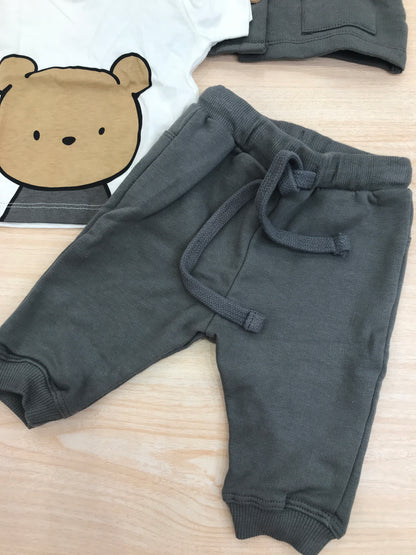 Tuta AVentiQuattrore in cotone grigio scuro tre pezzi t-shirt felpina e pantalone lungo con sacca abbinata decorato da orsetti