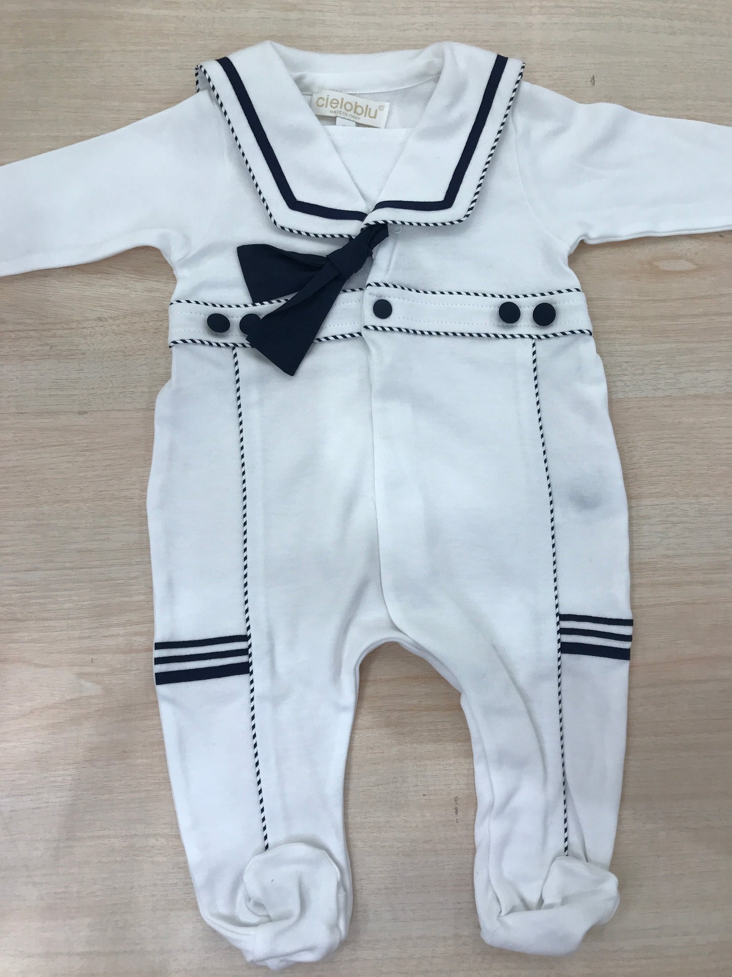 Tutina Cielo Blu in cotone manica lunga lunga gamba lunga effetto marinaretto con rifiniture blu