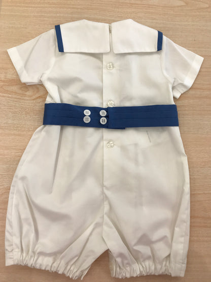 Pagliaccetto Aletta in cotone mezza manica colletto con profilo blu con bottoncini applicati sul davanti blu con fascia a pieghe