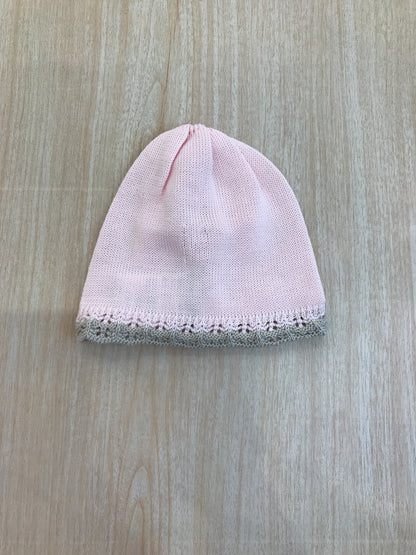 Cappello Bebè di Almy in filo rosa con smerlo tortora al bordo