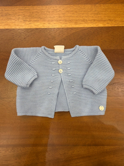 Cardigan Paz Rodriguez in filo celeste manica lunga con due bottoncini e pois ricamati lateralmente alla chiusura