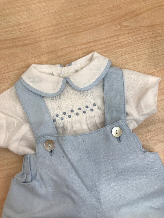 Completo Fofettes in cotone salopette con bretelle e camicia mezza manica con profilo e lavorazione di punto smock