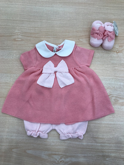 Completo Baby Lord in filo due pezzi corallo e rosa mezza manica con fiocco centrale rosa
