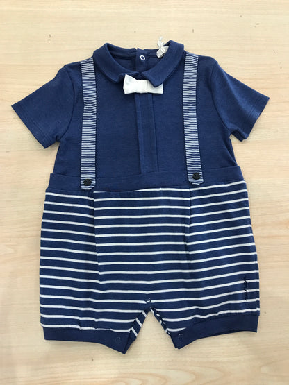 Pagliaccetto Nanan in cotone avio con righe con papillon e finte bretelle