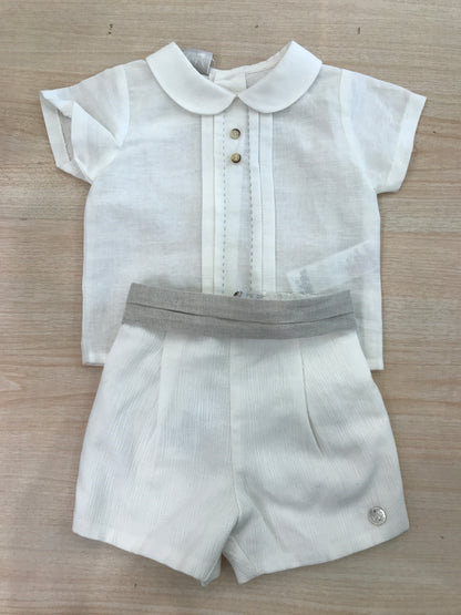 Completo Paz Rodriguez camicia mezza manica con pieghe con pantalone corto con fascia tortora