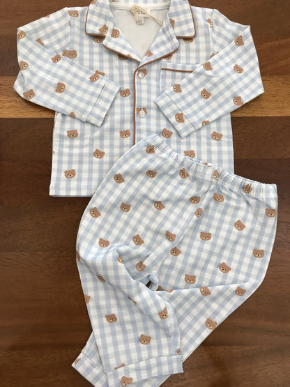 Pigiama Nanan in cotone due pezzi a quadretti bianchi e celesti con piccoli orsetti